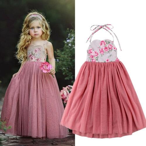 Flower Baby Kids Girls Lace Princess Party Dress Halter Maxi Long Gown Wedding Bridesmaid Formal Dresses