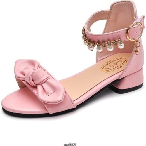 Girls Sandals 2021 Summer Beads Pendants Leather non-slip Shoes High Heel Party Dance Kids Shoes Princess Shoes