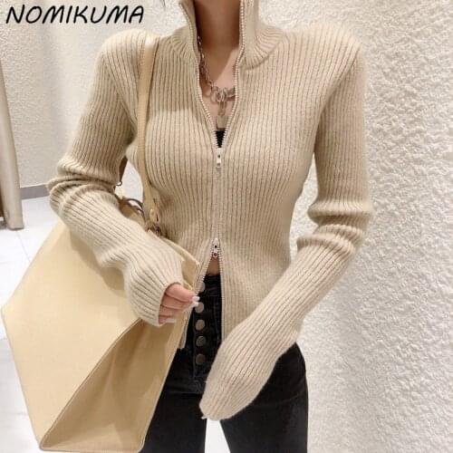 Nomikuma Stand Neck Double Zipper Knit Cardigan 2021 Autumn Long Sleeve Slim Elegant Knitwear Coat Korean Solid Sweaters 6L008
