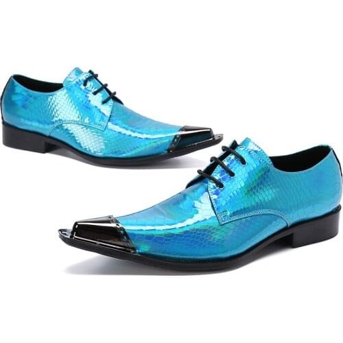 Metal Toe mens formal shoes genuine leather oxford shoes for men italian dress shoes wedding shoes Blue Snake Skin Print brogues