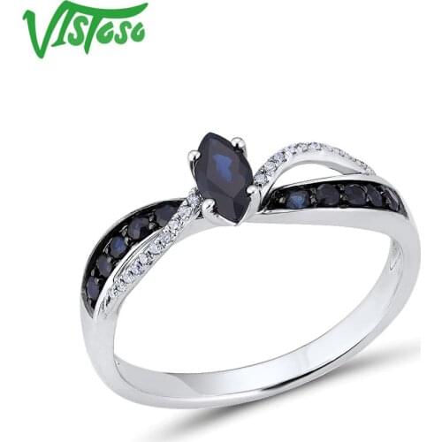 VISTOSO 14K 585 White Gold Ring For Women Genuine Ring Shimmering Diamond Blue Sapphire Elegant Wedding Band Trendy Fine Jewelry