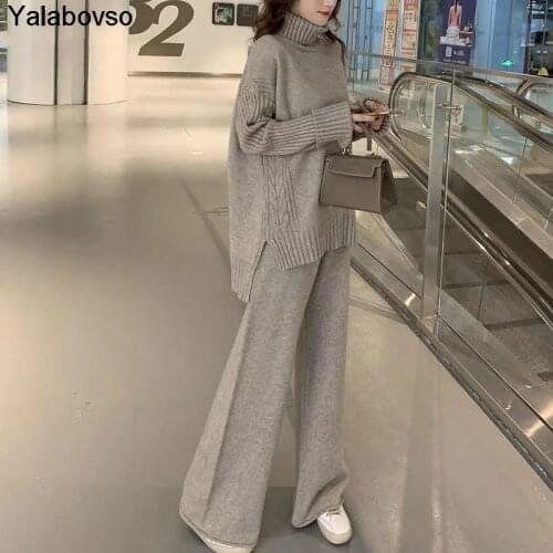 2 Piece Set WarmTurtleneck Sweater Pullovers Wide Legs Pants Sweater Set Women Tracksuit Spring Autumn Knitted Suits Yalabovso