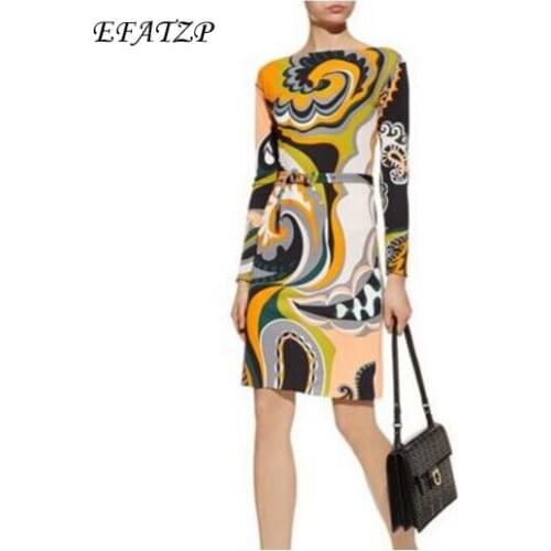 New 2018 Fashion Designer Brand XL XXL Dress Womens 3/4 Sleeves Geometry Printed Stretch Jersey Silk Dress