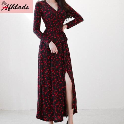 Spring and summer new Slim floral print dress high waist slim long sleeve V-Neck lace-up Split vintage ladies sexy long dress