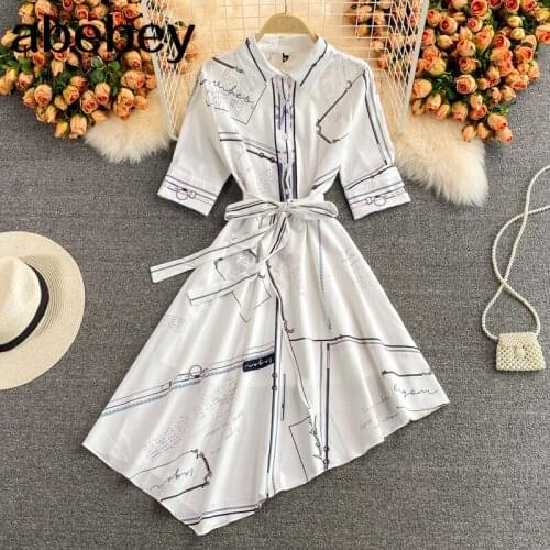 2021 New Summer Fashion turn-down collar long sleeve Dress irregular design single breasted high waist lace up A-line Dress