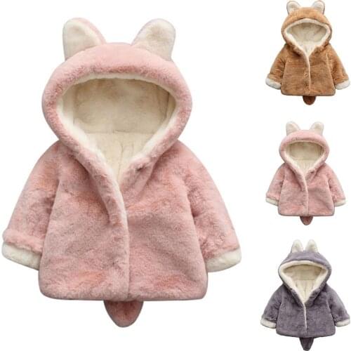 Winter Baby Coat Girls Cute Rabbit Plush Faux Fur Hooded Thicken Warm Coat Outerwear Kid Clothes