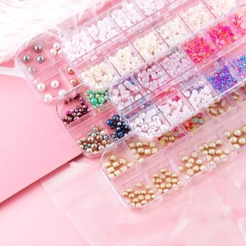 12 Grid 3d Nail Rhinestone Various Size Pearls Charming Nail Art Decoration White Circle Beads Studs Manicure Jewelry Gems