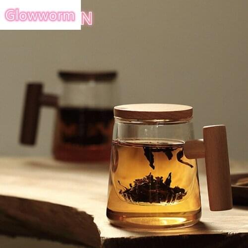 300ML Creative Borosilicate Glass Infusion Of Mugs Transparent Tea Cup With Filter Wooden Lid Cover Beech Handle For Water Milk