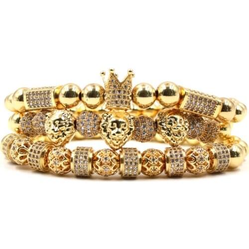 8mm 3set/lot hf53 silver gold Crown Lion head copper micro pave cz zircon cubic zirconia Bracelet adjusted Charm Bangles