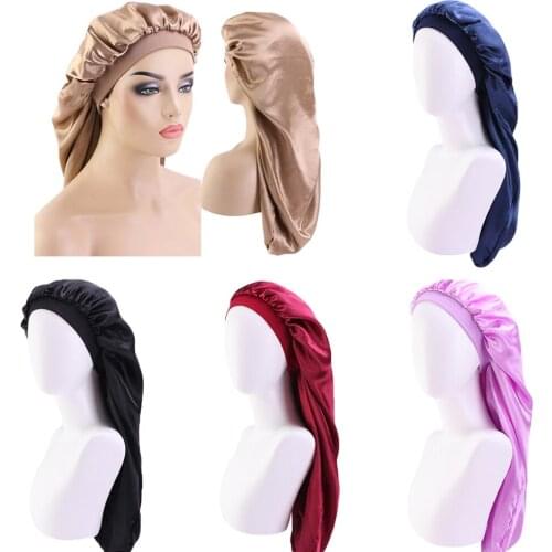 Satin Women Long Hair Sock Cap Sleeping Hat Wrap Night Cap Hair Care Bonnet Elastic Hat Baggy Protect Beanie Nightcap Solid