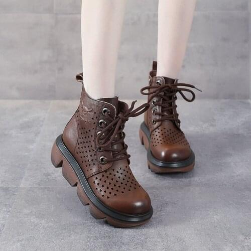 Leather Sandals Womens Spring and Summer Retro Top Layer Cowhide Wedge Single Boots Platform Platform Hollow Hole Shoes