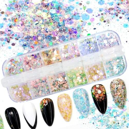 12 Colors/Box Mix Hexagon Nail Glitter Powder Sequins Set Ultra-Thin Sparkles Flake Manicure Decoration Nail Art Paillette Tips