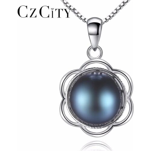 CZCITY The Latest 100% Natural Freshwater 8-8.5mm Black Gray Pearl Flower Shape Trendy Pendant Necklace with 925 Sterling Silver