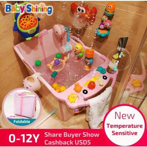 Baby Shining Folding Bath Tub 0-12Y PP Children Bath Bucket 9cm Thick Large Household Sauna Bathtub with Seat Portable Free Gift