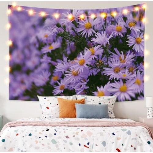 Purple Daisy Background Green Plants Landscape Wall Hanging Tapestry Living Room Bedroom Photography Decorative Tapestry