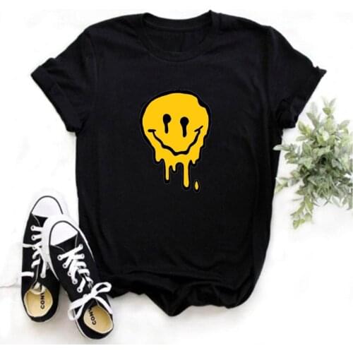 Mayos Japanese Women Summer T-shirt O-neck Chic Smiley Pattern Punk Casual Top Simple T-shirt Style Loose Printed T-shirt