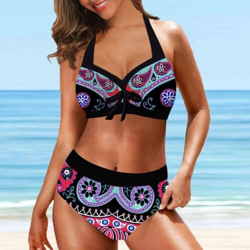 Two Piece Vintage Print Swimsuit Women Plus Size Top With High Waisted Bottom Tankini Set Swimwear Bathing Suit Beachwear