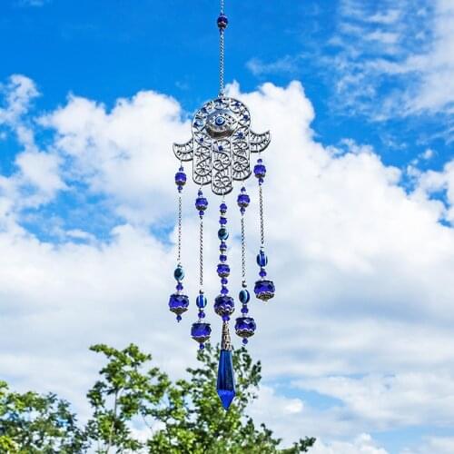 H&D Crystal Icicle Prisms Suncatcher with Hamsa Fatima Hand Turkish Greek Blue Evil Eye Pendant For Home Garden Protection Decor
