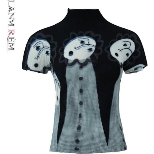 LANMREM niche printting short sleeve pleated t-shirt tee for famle 2021 summer new trend stretch Turtleneck tops women YJ782