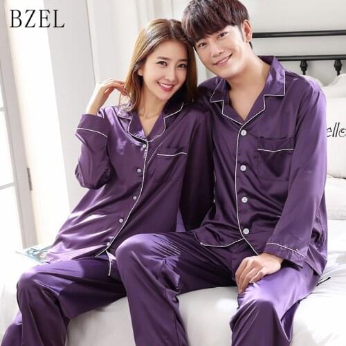 BZEL Silk Satin Couples Pajamas Set For Women Men Long Sleeve Sleepwear Pyjamas Suit Home Clothing His-and-hers Clothes Pijamas