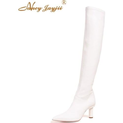 Caleb White Woman Over-the-knee Boots Round Heels Block 2021 Winter Autumn Short Plush Side Zipper Plus Size 45 42 Dress Party