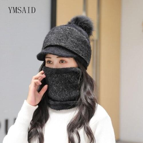 New Winter Thick Pompom Hat For Women Warm Rabbit Hair Blend Knitted Baseball Cap Scarf Set Brand Visor Caps Skullies Beanies