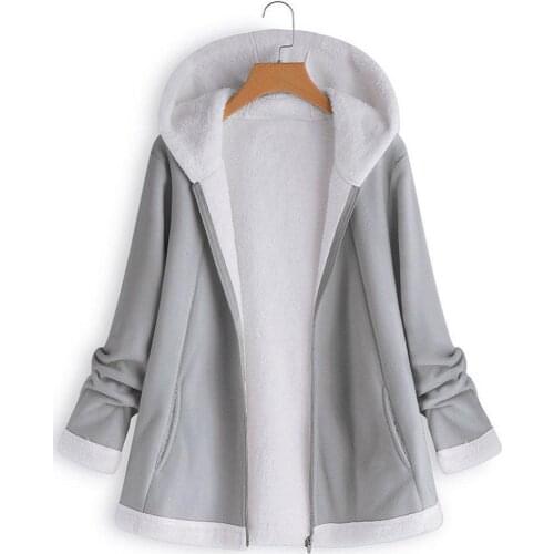 New Winter Plus Size Lady Solid Color Zip Up Long Sleeve Hooded Plush Coat Outwear