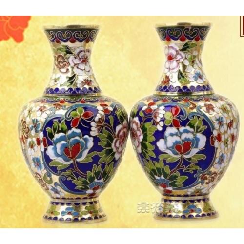 New 1pair/2pcs 8" Cloisonne Vase Ornament Chinese Handamade Classic Gold &Flower