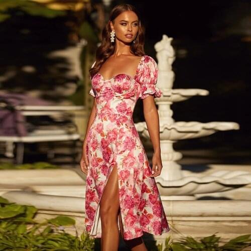 The new best-selling independent station floral square collar bubble sleeve high waist side slit dress