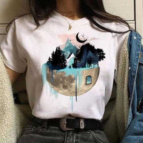 New Women T Shirt Moon and Mountain Tree Printed Tops Female Short Sleeve Casual Harajuku O-neck Tee Shirts Women Summer T-shirt