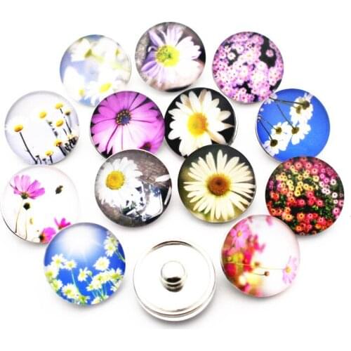 New Arrival 12pcs/lot glass sunflower snap buttons flower 18mm leather clasp snap button Bangles snap bracelet jewelry