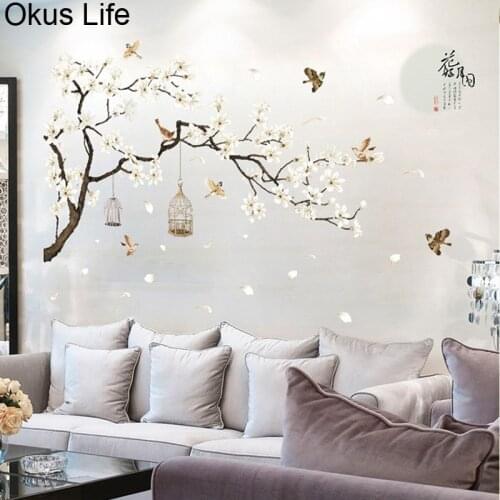 New Classic Chinese Style Stickers Home Decoration Plum Tree Plants Flower Bird Cage Bedroom Background Decorative Wall Stickers