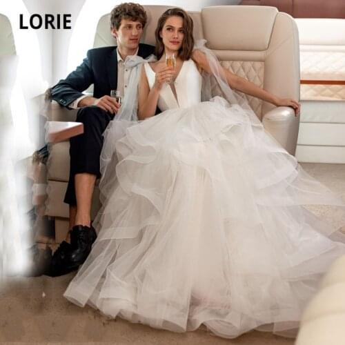 LORIE Simple Wedding Dresses Beach V-Neck Ruffled Backless White Ivory Floor Length Princess Wedding Gown Bridal Dress 2021