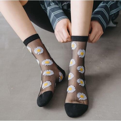 Transparent Daisy Socks Women Summer Fashion Dress Wear Flowers Silk Sock Black White Mesh Sheer Short Women Socks