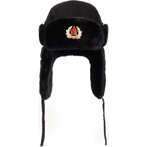 Soviet Army Military Badge Russia Ushanka Bomber Hats Pilot Trapper Aviator Cap Winter Faux Rabbit Fur Earflap Snow Caps Hats