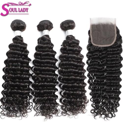 SoulLady Peruvian Human Hair Bundles Deep Wave Hair With Closure Double Weft Natural Color Remy DeepWave Bundles With Closure