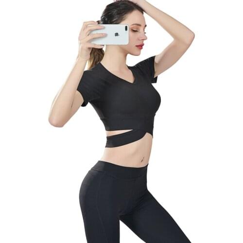 Fitness Women Sport Top Sexy Gym Cross Waist Crop Top Yoga Shirt Workout Solid Short Sleeve Running Wear