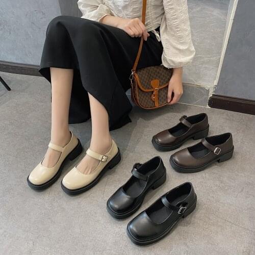 Oxford Shoes for Women Mary Janes Flats Loafers Platform Buckle Strap Solid Black Leather Shoes Woman Buckle Strap Ladies Shoes