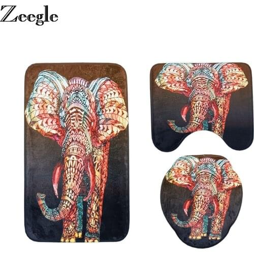 Zeegle 3pcs Bathroom Mat Set 3D Elephant Printed Bath Mat Non-slip Bathroom Carpet Flannel Toilet Mats Bath Rugs Sets