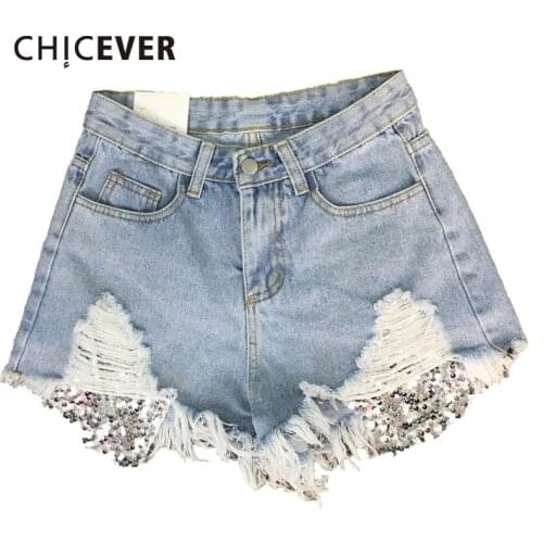 CHICEVER Streetwear Patchwork Sequined Tassel Denim Shorts For Women High Waist Hot Sexy Summer Shorts Jeans Female 2021 New