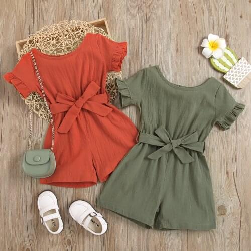 1-6Y Fashion Kids Girls Summer Jumpsuits With Belt Solid Ruffles Short Sleeve Playsuits Shorts