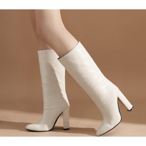 Ladies Knee High Boots Faux Crocodile Leather Slip On Loose Autumn Winter Womens Shoes Super High Heel Temperament Long Boots