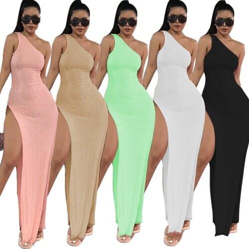 SKMY Women Clothing White Maxi Dress Summer New Style One Shoulder Sleeveless Side Split Black Long Dress Female Clubwear