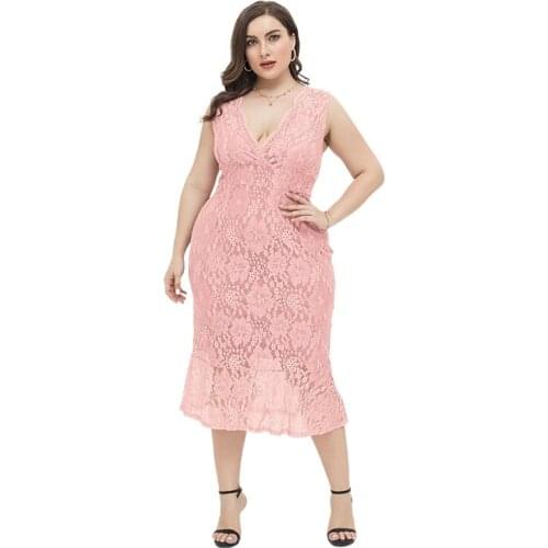 Summer New Style Plus Size Womens Sweet, Elegant and Sexy Slim V-neck Lace Dress Sexy Dress Plus Size Bridesmaid Dress