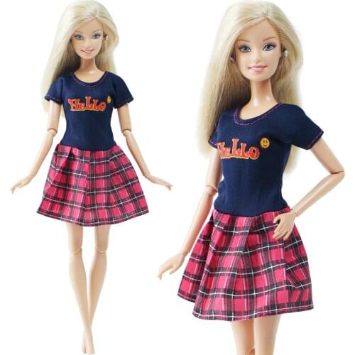 Handmade 1 Set Doll Dress Red Plaid Skirt Cute Short Sleeve Daily Wear Outfit Accessories Clothes for Barbie Doll Kids Gift Toy