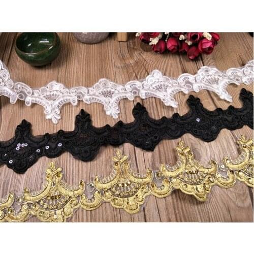 1 Meter Width 2cm White Black Gold Sequins Lace Trim Organza Sew On Fabric Applique For Wedding Dress Bridal Gown Garment