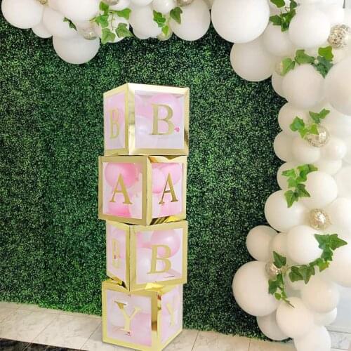 4pcs Transparent Balloons Boxes with Letter BABY Blocks Design for Boys Girls Baby Shower Birthday Party Gender Reveal Backdrop