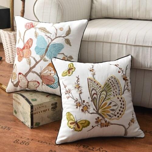 J Butterfly Cushion Cover 45x45cm Floral Country Style Pillow Cover Cotton Embroidery Suqare Home decoration for Living Room