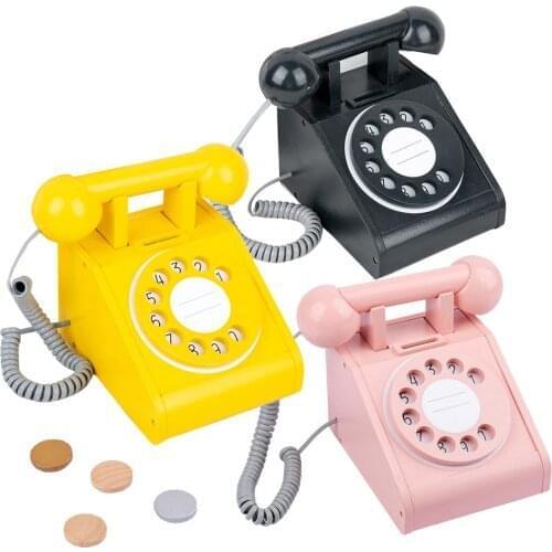 Kid Retro Wooden Playhouse Dial Telephone Toy Interactive Pretend Phone Old Fashioned Landline Wired Phone For Home Office Phone