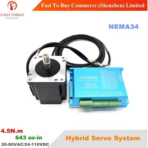 NEMA34 4.5Nm 643 oz-in Closed-loop Hybrid Servo Kits Motor + Driver kit 20-80VAC/24-110VDC (TS808AH+TC86-45)